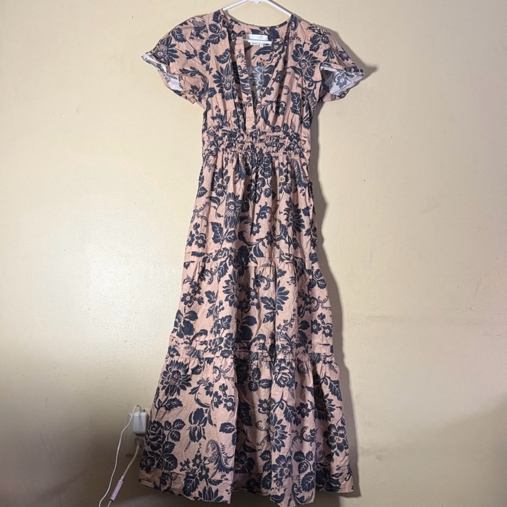 Anthropologie Boho Floral Maxi Dress Pink Black Smocked Waist Small